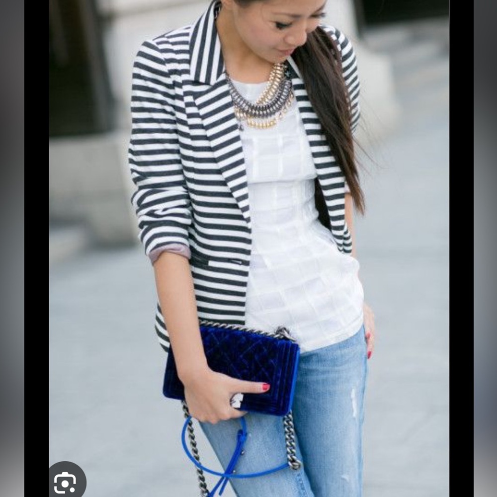 SPRING SALE NEW Monteau Navy White Striped Cotton Blazer‎ Nautical Preppy M